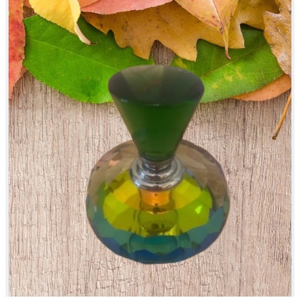 Perfume Glass Bottle Round Rainbow Geometric Prism w/ Green Stopper Vintage - Picture 3 of 12